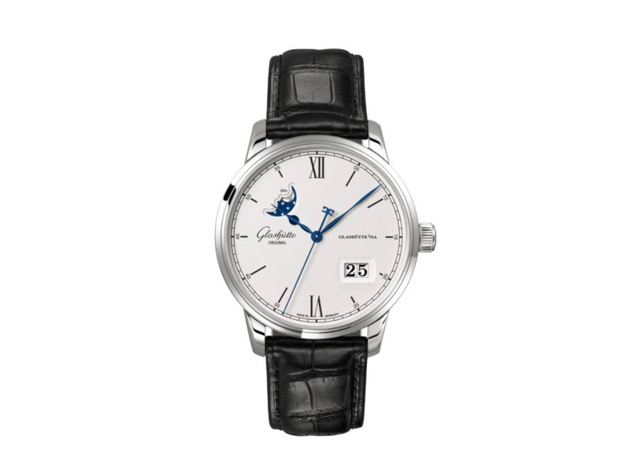 Senator Excellence Panoramadatum Mondphase Automatik Edelstahl 40mm silberfarbenes Zifferblatt schwarzes Lederband