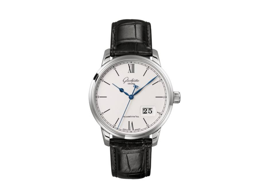 Senator Excellence Panoramadatum Automatik Edelstahl 40mm weißes Zifferblatt schwarzes Lederband