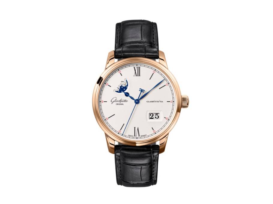 Senator Excellence Panoramadatum Mondphase Automatik Rotgold 40mm silberfarbenes Zifferblatt schwarzes Lederband