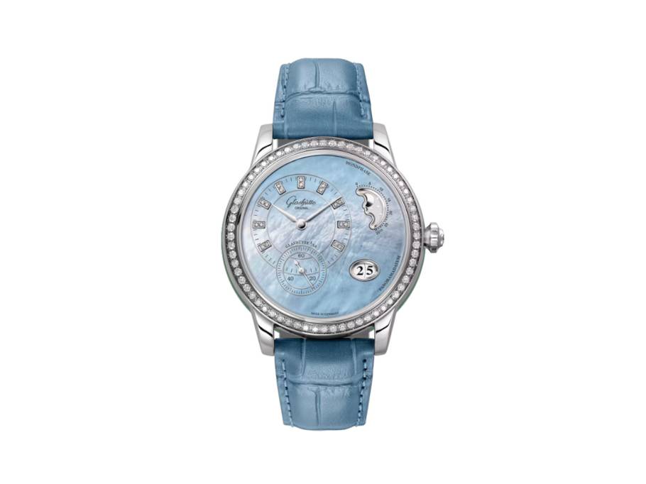 PanoMatic Luna Automatik Edelstahl 39mm Perlmutt Zifferblatt blaues Lederband