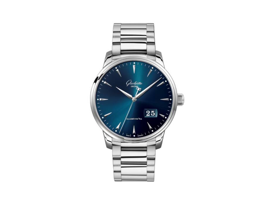 Senator Excellence Panoramadatum Automatik Edelstahl 42mm blaues Zifferblatt Metallband