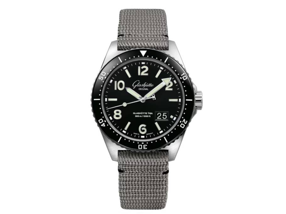 SeaQ Panoramadatum Automatik Edelstahl 43mm schwarzes Zifferblatt graues Textilband