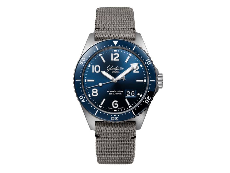 SeaQ Panoramadatum Automatik Edelstahl 43mm blaues Zifferblatt graues Textilband