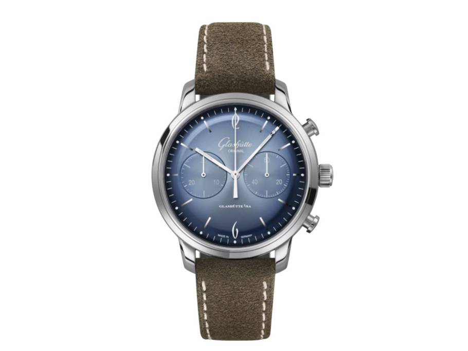 Sixties Chronograph Automatik Edelstahl 42mm blaues Zifferblatt braunes Lederband