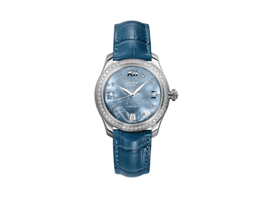 Lady Serenade Automatik Edelstahl 36mm blaues Perlmutt-Zifferblatt mit Brillanten blaues Lederband