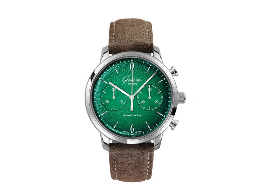 Sixties Chronograph Automatik Edelstahl 42mm grünes Zifferblatt braunes Lederband