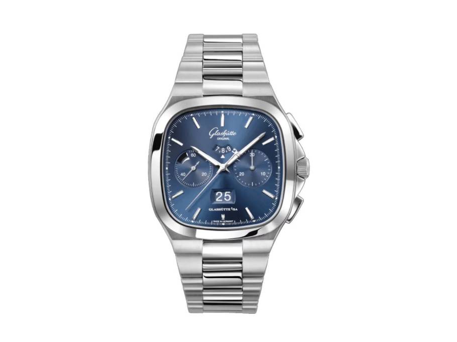 Seventies Chronograph Panoramadatum Automatik Edelstahl 40mm blaues Zifferblatt Metallband