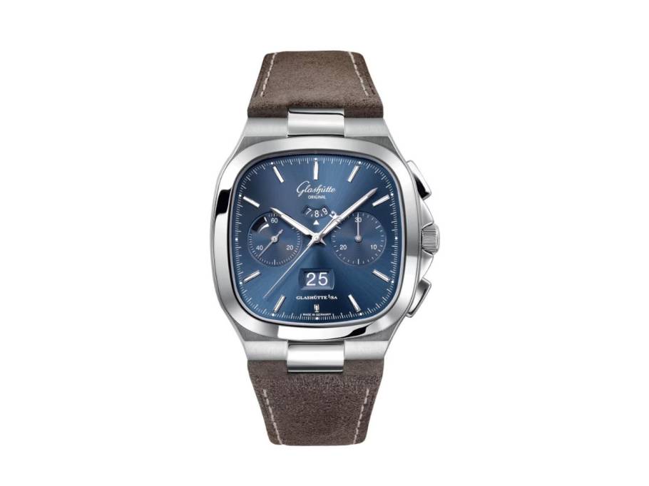 Seventies Chronograph Panoramadatum Automatik Edelstahl 40mm blaues Zifferblatt braunes Lederband