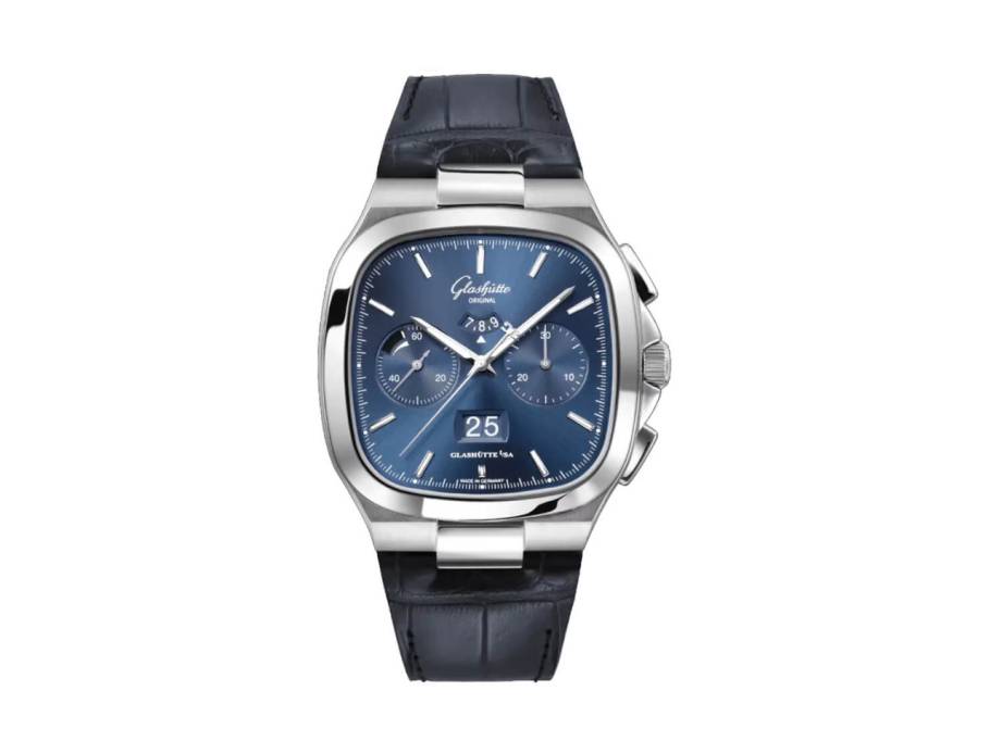 Seventies Chronograph Panoramadatum Automatik Edelstahl 40mm blaues Zifferblatt blaues Lederband
