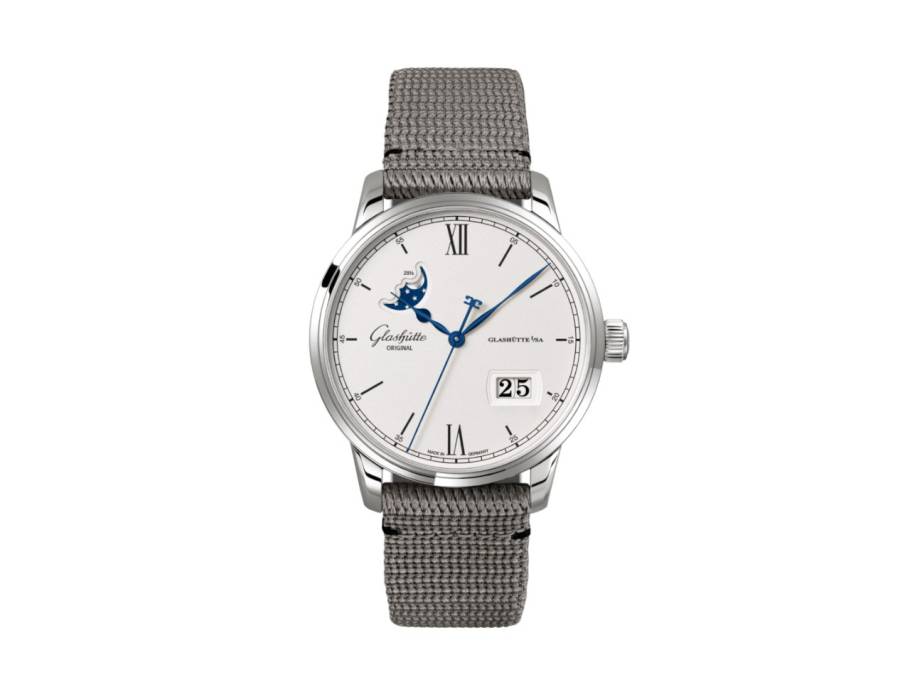 Senator Excellence Panoramadatum Mondphase Automatik Edelstahl 40mm silberfarbenes Zifferblatt graues Textilband