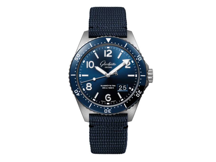 SeaQ Panoramadatum Automatik Edelstahl 43mm blaues Zifferblatt blaues Textilband