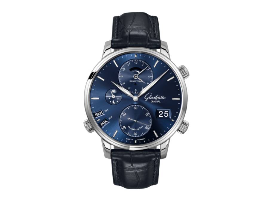 Senator Cosmopolite Automatik Edelstahl 44mm blaues Zifferblatt blaues Lederband