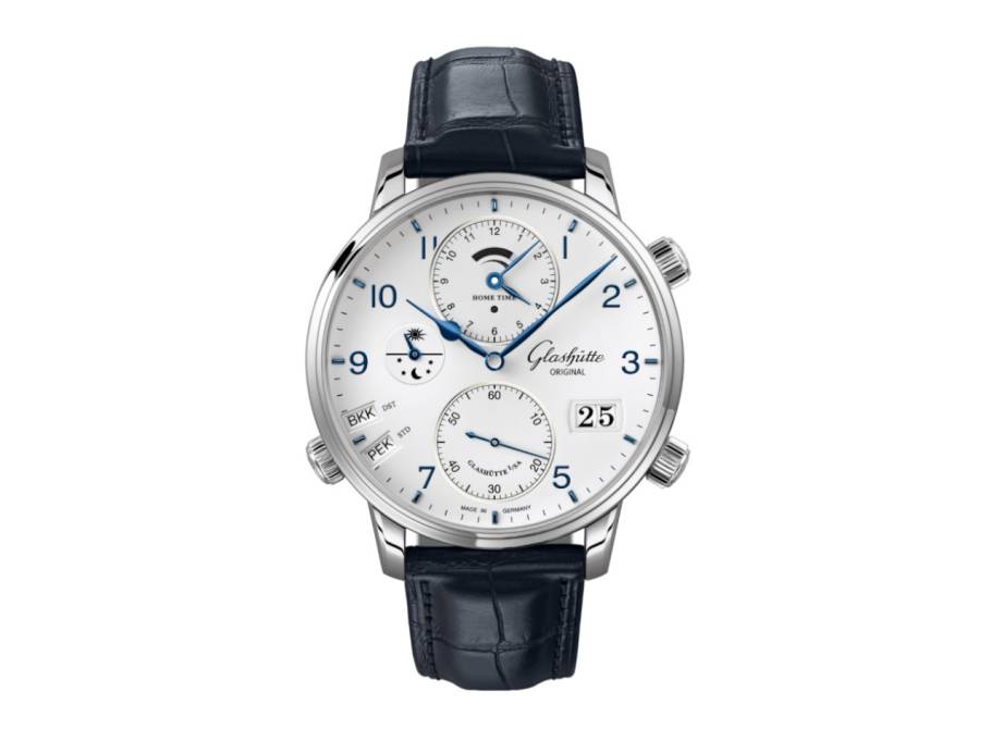 Senator Cosmopolite Automatik Edelstahl 44mm weißes Zifferblatt blaues Lederband