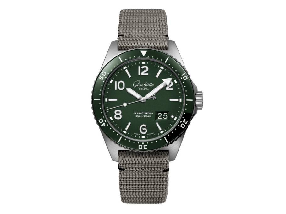 SeaQ Panoramadatum Automatik Edelstahl 43mm grünes Zifferblatt graues Textilband