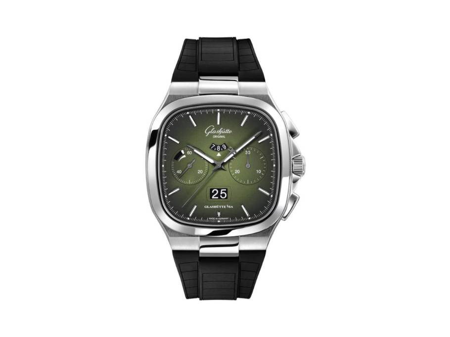 Seventies Chronograph Panoramadatum Automatik Edelstahl 40mm grünes Zifferblatt schwarzes Kautschukband