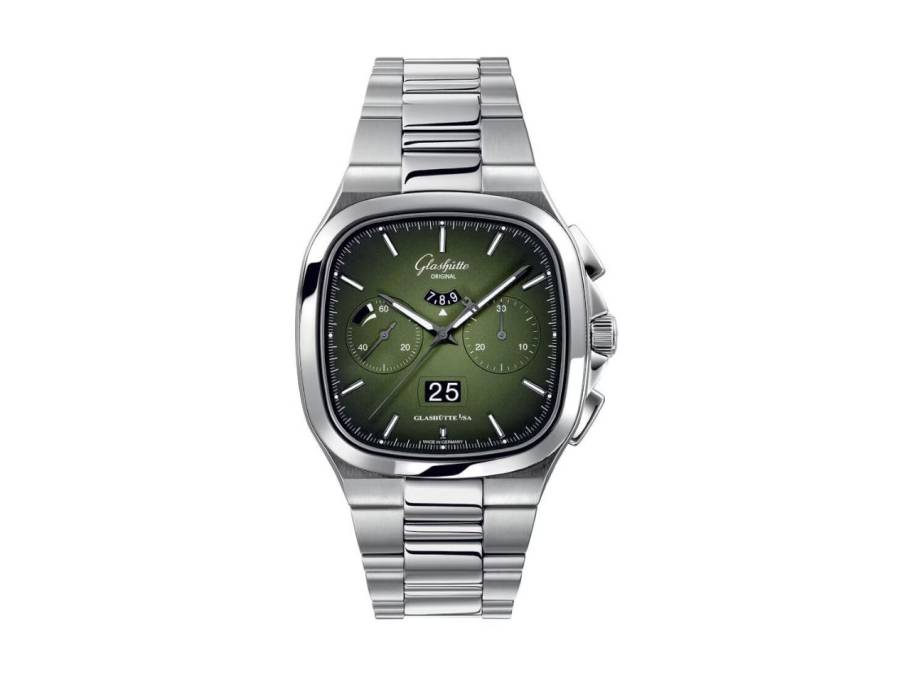 Seventies Chronograph Panoramadatum Automatik Edelstahl 40mm grünes Zifferblatt Metallband