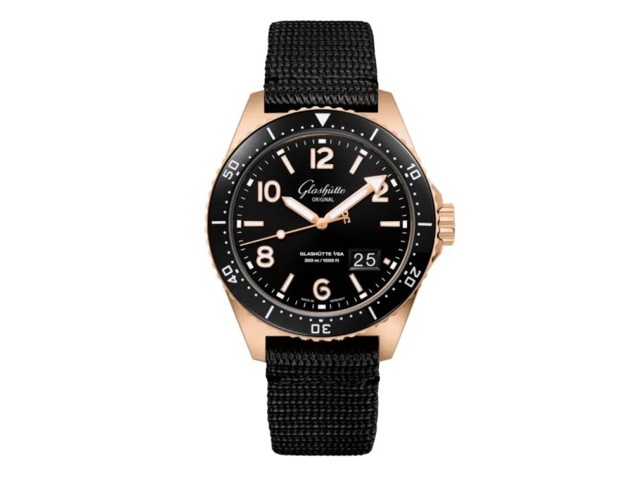 SeaQ Panoramadatum Automatik Rotgold 43mm schwarzes Zifferblatt schwarzes Textilband