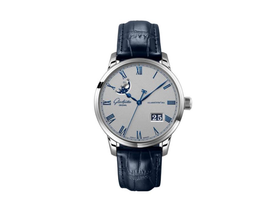 Senator Excellence Panoramadatum Mondphase Automatik Edelstahl 40mm silbernes Zifferblatt blaues Lederband