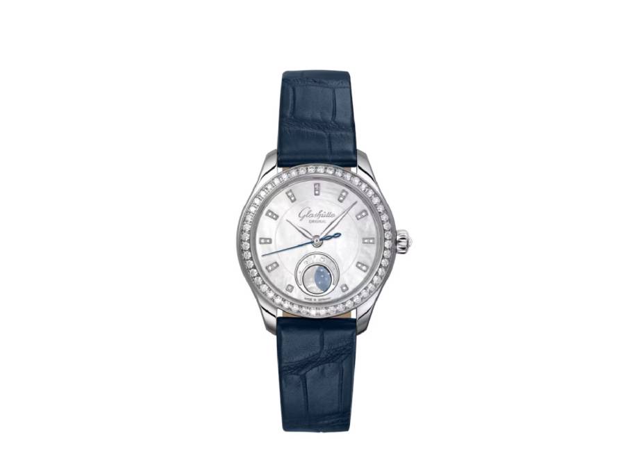 Lady Serenade Luna Automatik Edelstahl 32,5mm weißes Zifferblatt blaues Lederband