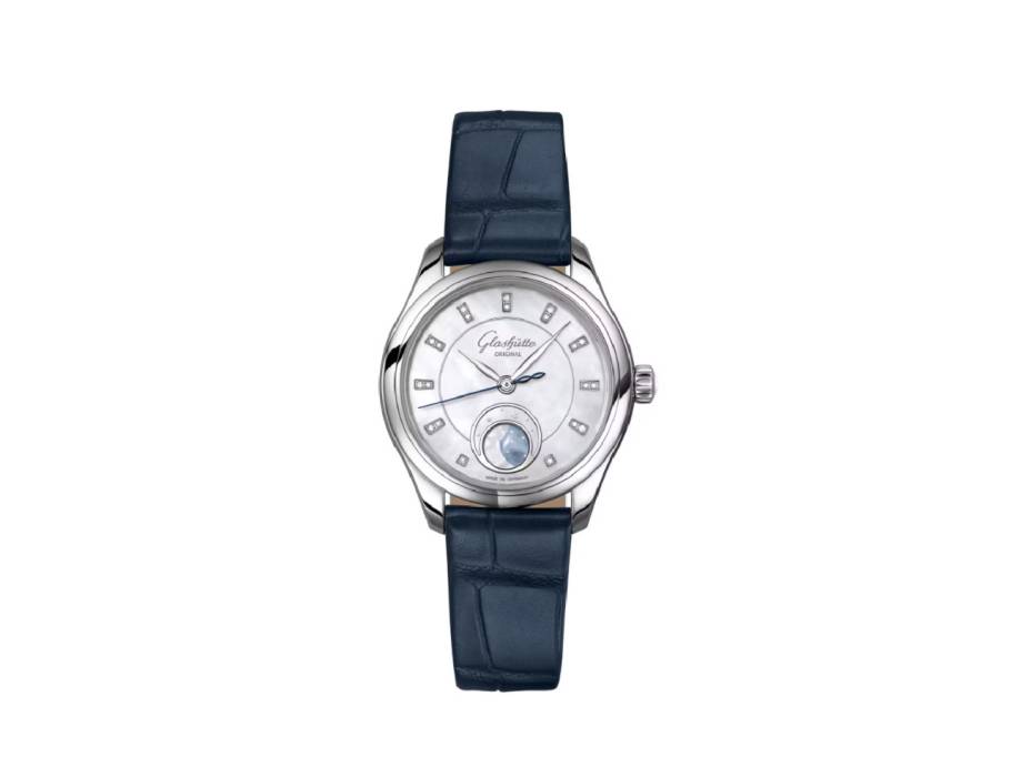 Lady Serenade Luna Automatik Edelstahl 32,5mm weißes Zifferblatt blaues Lederband