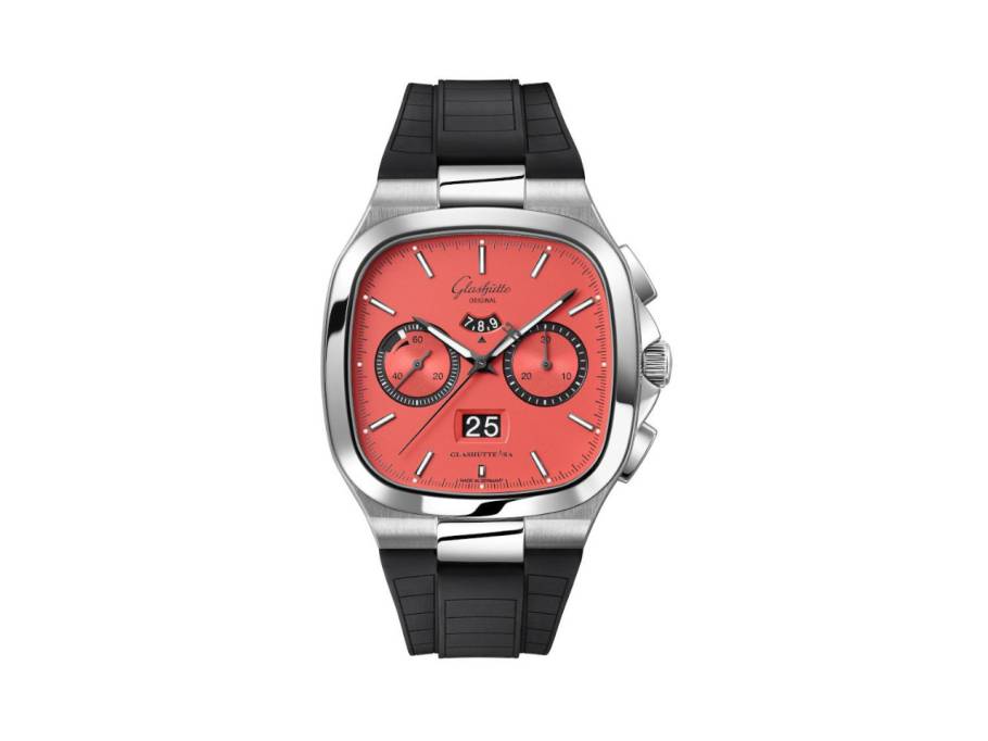 Seventies Chronograph Panoramadatum Watermelon Automatik Edelstahl 40mm rotes Zifferblatt schwarzes Kautschukband limitiert