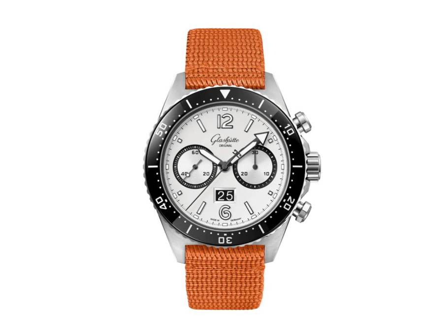 SeaQ Chronograph Silver Screen Automatik Edelstahl 43mm silberfarbenes Zifferblatt orangefarbenes Textilband