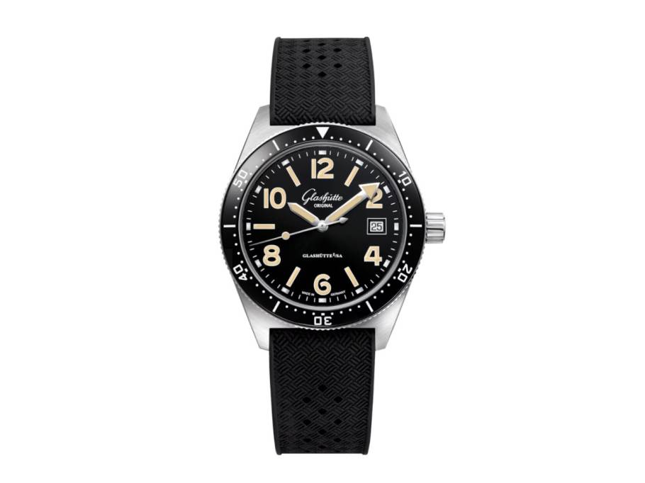 SeaQ Automatik Edelstahl 40mm schwarzes Zifferblatt schwarzes Kautschukband mit Glasboden