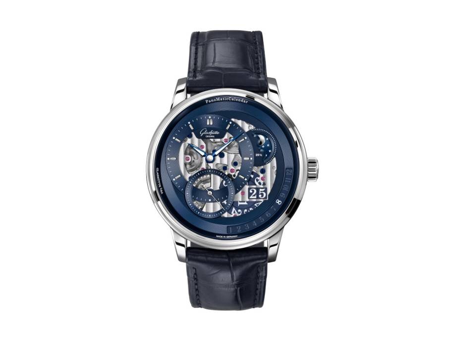 PanoMaticCalendar Automatik Platin 42mm skelettiertes Zifferblatt blaues Lederband limitiert