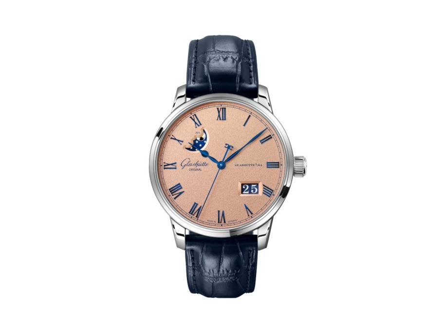   Senator Excellence Panoramadatum Mondphase Automatik Edelstahl 40mm Frostkupfer Zifferblatt blaues Lederband