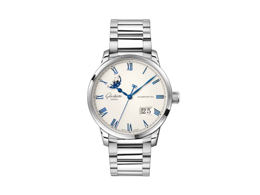   Senator Excellence Panoramadatum Mondphase Automatik Edelstahl 40mm Frostsilber Zifferblatt Metallband