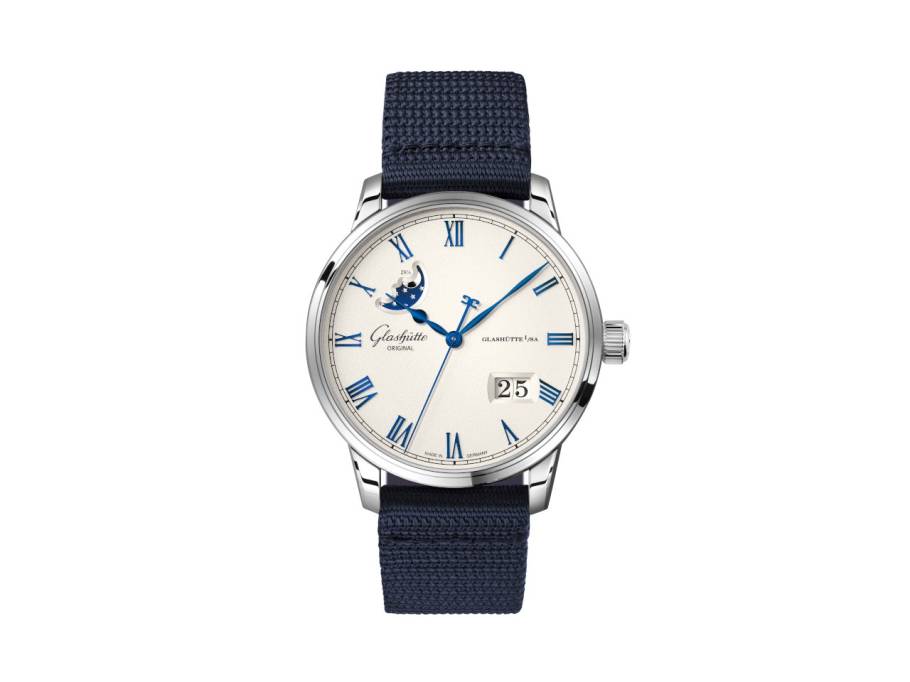   Senator Excellence Panoramadatum Mondphase Automatik Edelstahl 40mm Frostsilber Zifferblatt blaues Textilband
