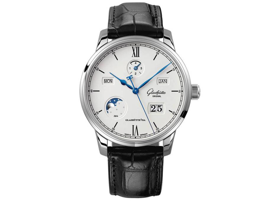 Senator Excellence Ewiger Kalender Automatik Edelstahl silberfarbenes Zifferblatt schwarzes Lederband