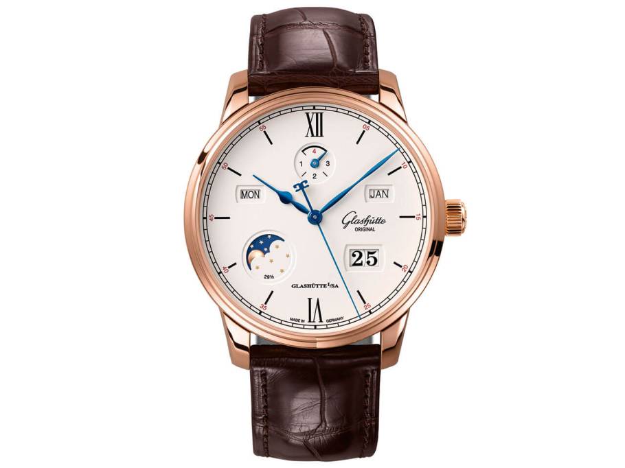 Senator Excellence Ewiger Kalender Automatik Rotgold 42mm silberfarbenes Zifferblatt braunes Lederband