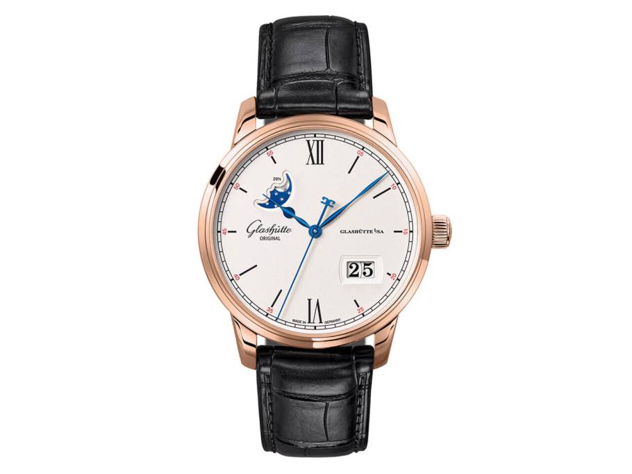 Senator Excellence Panoramadatum Mondphase Automatik Rotgold 40mm silberfarbenes Zifferblatt schwarzes Lederband