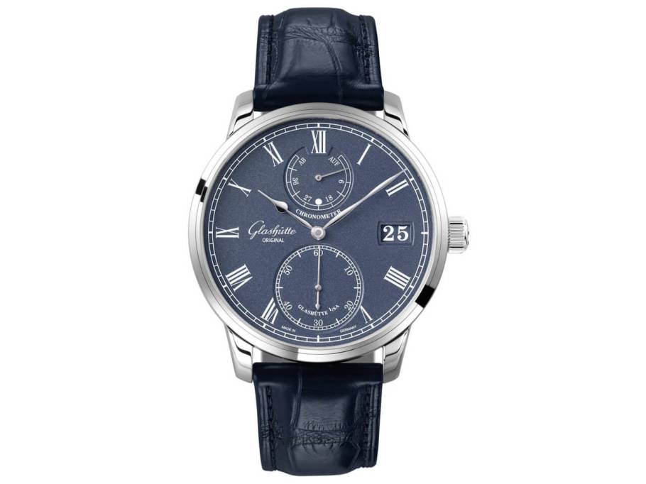Senator Chronometer Handaufzug Weißgold 42mm blaues Zifferblatt blaues Lederband
