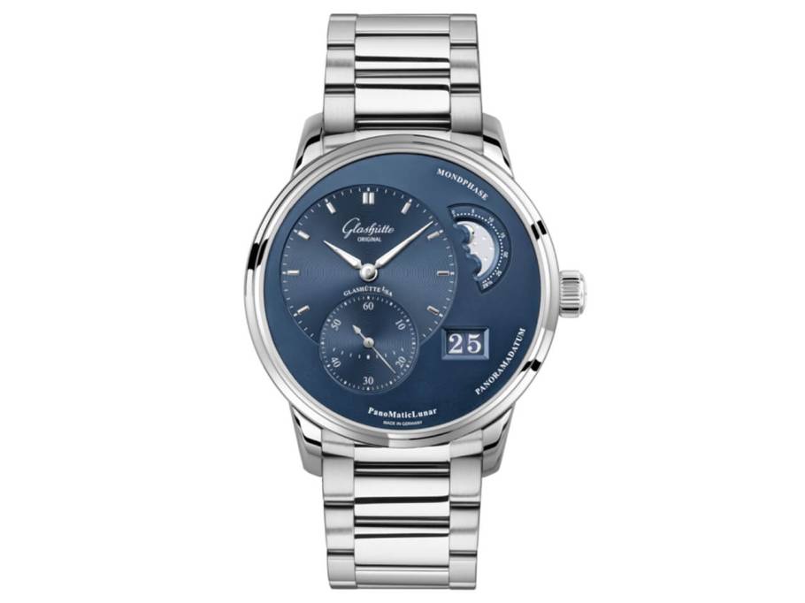 PanoMaticLunar Herrenuhr Edelstahl blau Metallband