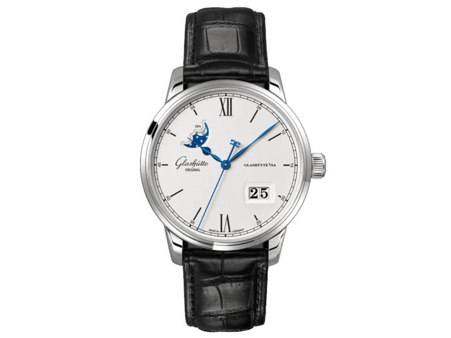 Senator Excellence Panoramadatum Mondphase Automatik Edelstahl 40mm silberfarbenes Zifferblatt schwarzes Lederband