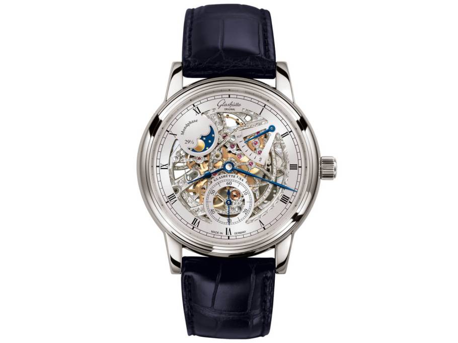 Senator Mondphase Skelettierte Edition Handaufzug Weißgold 42mm silbernes Zifferblatt schwarzes Lederband