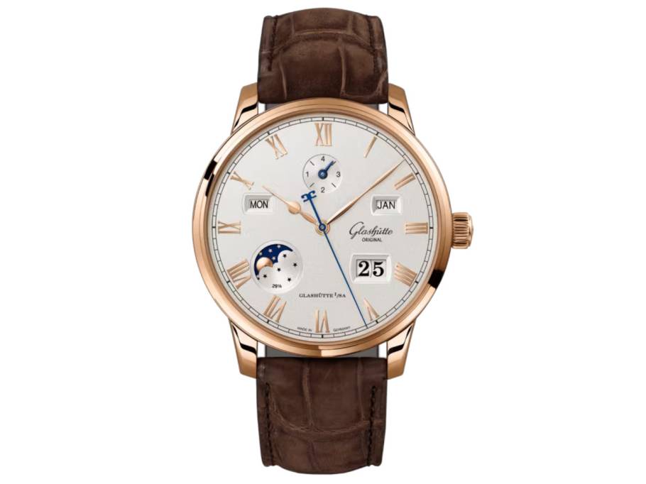 Senator Excellence Ewiger Kalender Automatik Rotgold 42mm silbernes Zifferblatt braunes Lederband