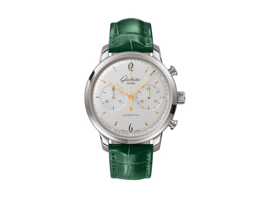 Sixties Edelstahl silber Chronograph mit grünem Lederband