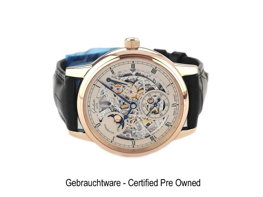 Senator Mondphase Skelettierte Edition Handaufzug Rotgold 42mm skelettiertes Zifferblatt schwarzes Lederband 1-49-13-15-15-04 Full Set mit Garantie Occasion Refurbished