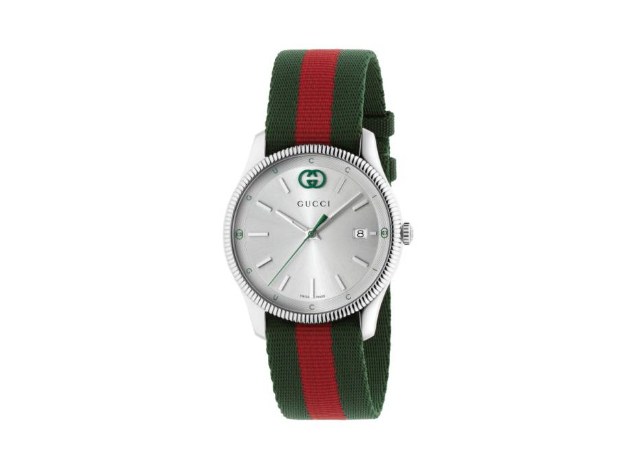 G-Timeless Quarz Edelstahl 36mm silberfarbenes Zifferblatt grün-rotes Textilband YA1264236
