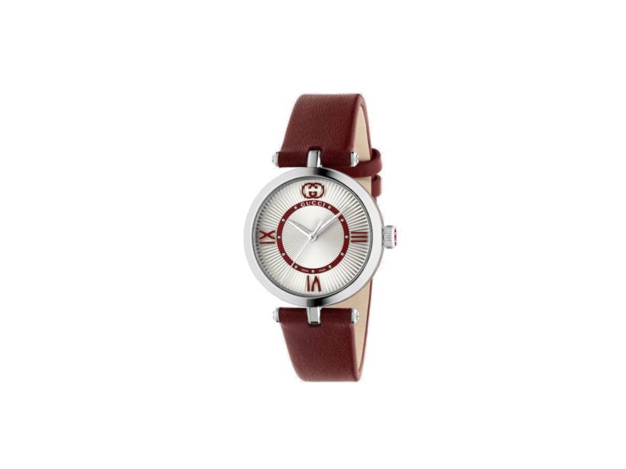 Model 2000 Quarz Edelstahl 30mm silberfarbenes Zifferblatt rotes Lederband YA167508