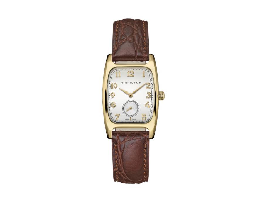   American Classic Boulton x Indiana Jones Quarz Edelstahl Gelbgold beschichtet silberfarben Lederband braun