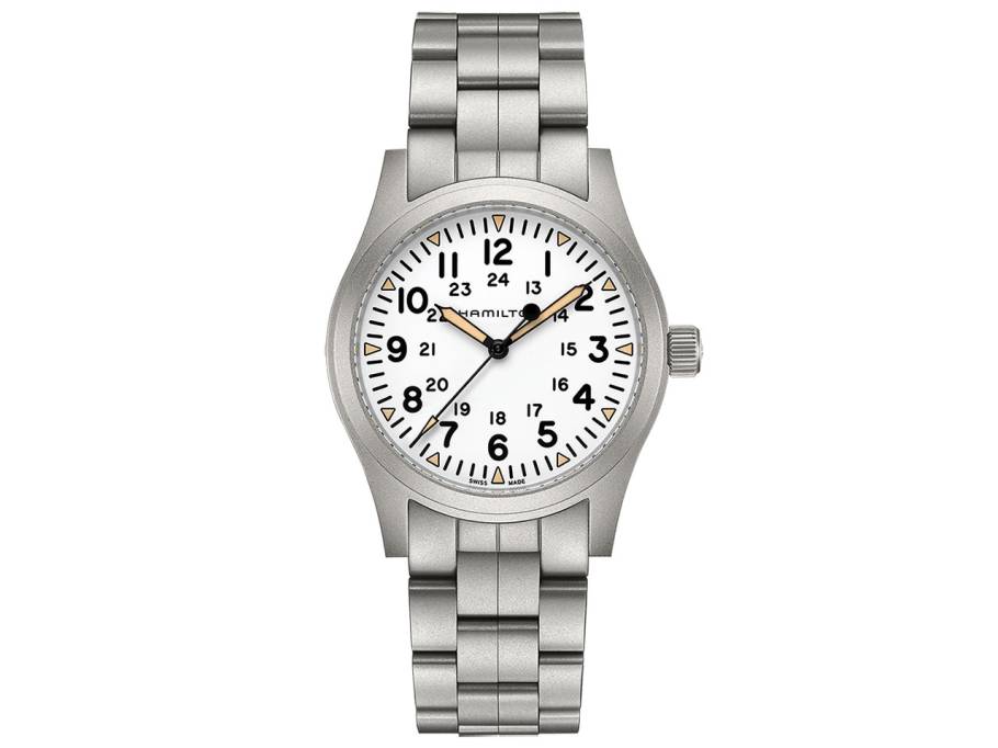 Khaki Field Mechanical Handaufzug Edelstahl 42mm weißes Zifferblatt Metallband