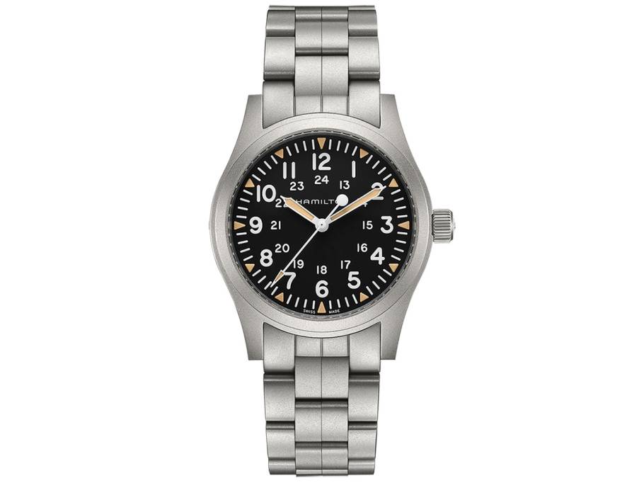 Khaki Field Mechanical Handaufzug Edelstahl 42mm schwarzes Zifferblatt Metallband