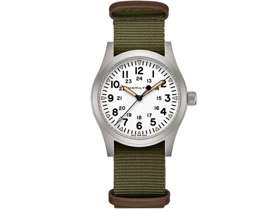 Khaki Field Mechanical Handaufzug Edelstahl 42mm weißes Zifferblatt olivgrünes Textilband