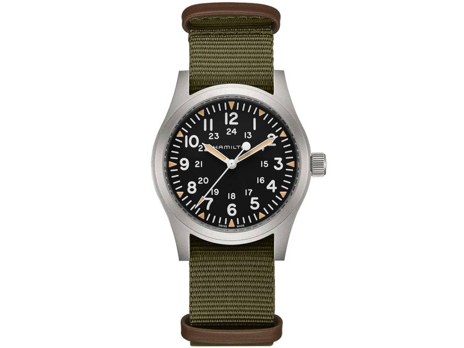 Khaki Field Mechanical Handaufzug Edelstahl 42mm schwarzes Zifferblatt olivgrünes Textilband