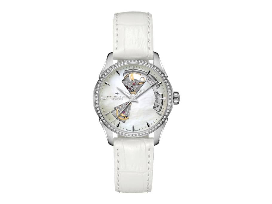 Jazzmaster Open Heart Lady Automatik Edelstahl 36mm Perlmutt-Zifferblatt mit Brillanten weißes Lederband