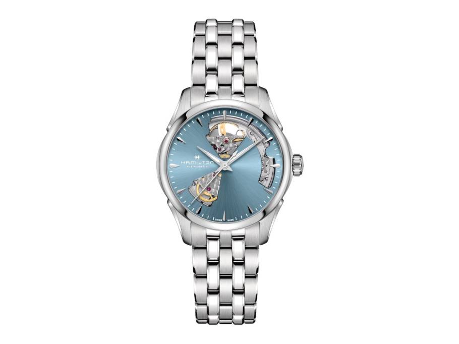 Jazzmaster Open Heart Lady Automatik Edelstahl 36mm hellblaues Zifferblatt Metallband